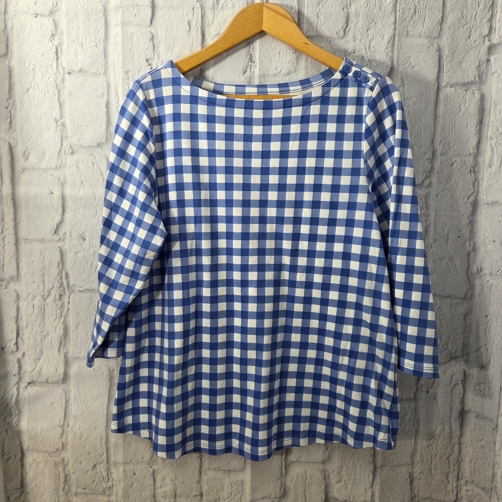 Charter Club 1X Classic Blue White Gingham Boat Neck 3/4 Sleeve 100% Cotton Top